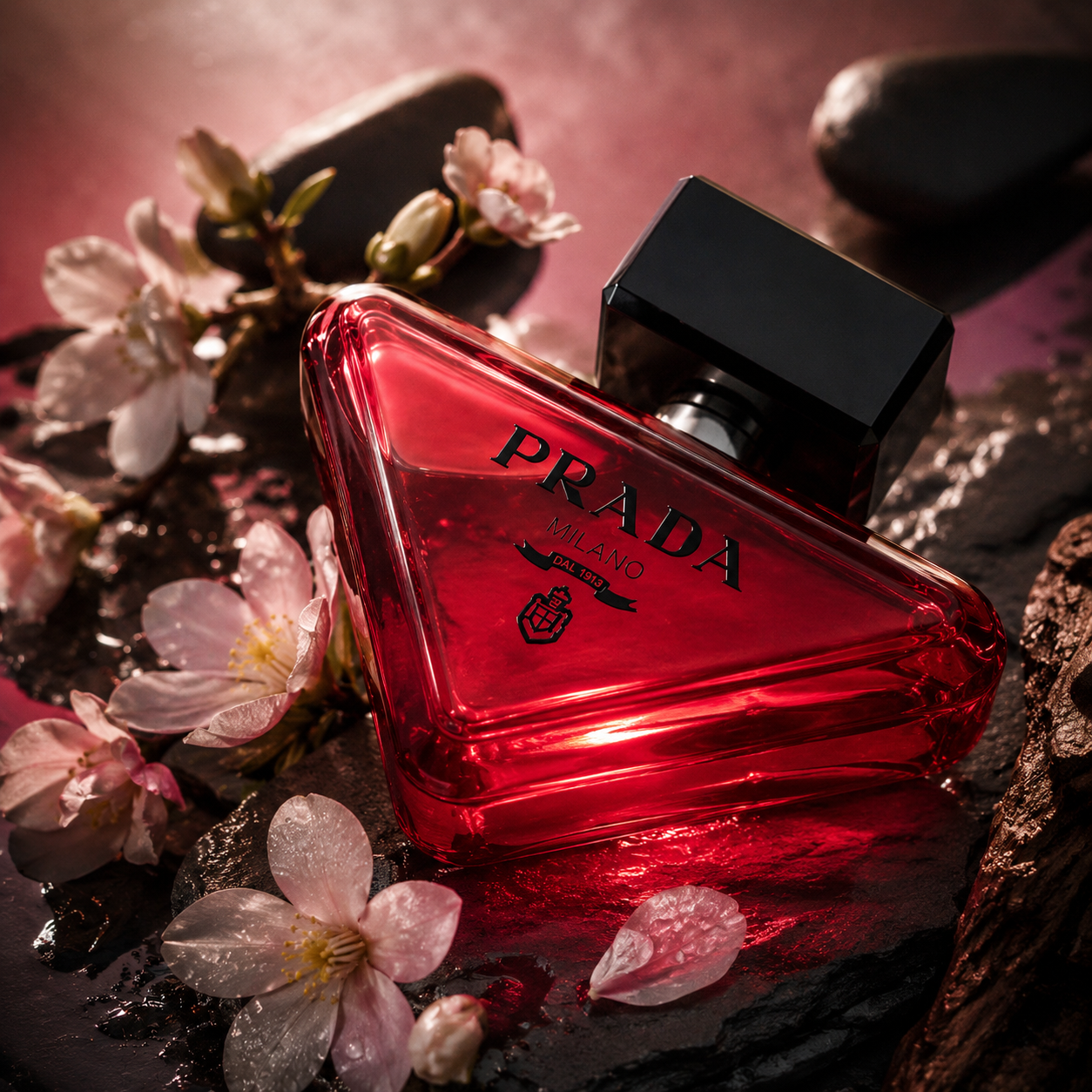 Prada Milano Eau de Parfum 100ml red perfume bottle with floral background